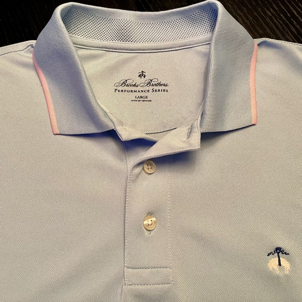 Brooks Brothers Mens Performance Stretch Polo Large Baby Blue Solid Classic Fit